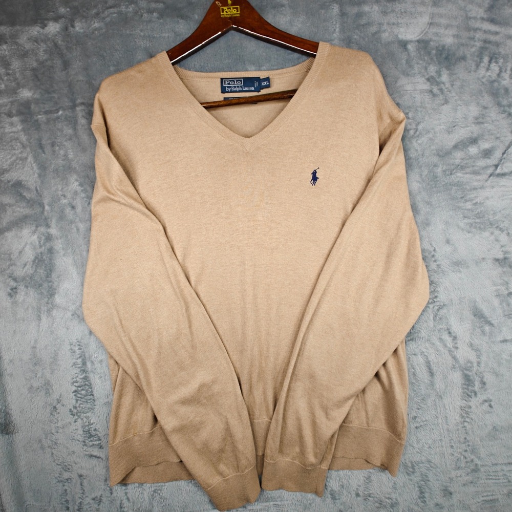 Silk Cashmere Polo Ralph Lauren Mens XXL Tan V-Neck Pony Logo Sweater